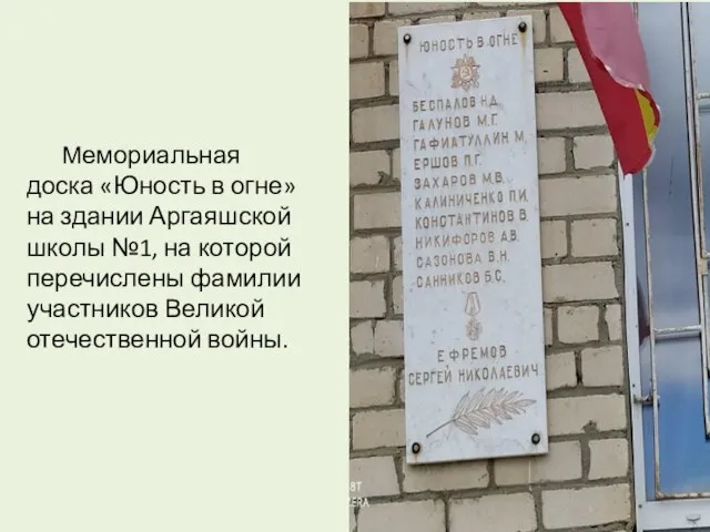 Мемориальная доска «Юность в огне» на здании Аргаяшской школы №1, на которой