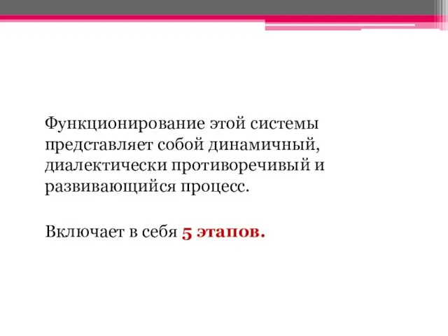 Функционирование этой системы представляет собой динамичный, диалектически противоречивый и развивающийся процесс. Включает в себя 5 этапов.