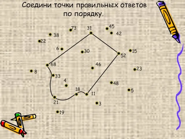 Соедини точки правильных ответов по порядку. 5 23 15 42 68 21