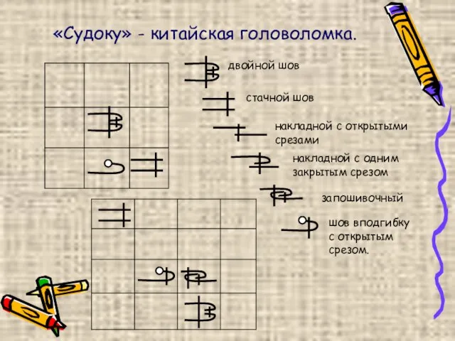 «Судоку» - китайская головоломка. двойной шов стачной шов накладной с открытыми срезами