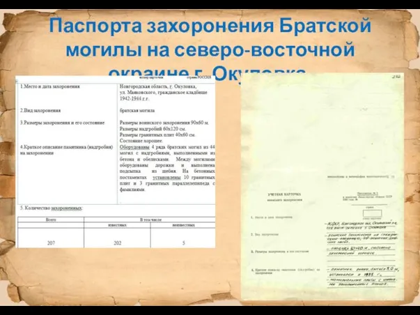 Паспорта захоронения Братской могилы на северо-восточной окраине г. Окуловка.