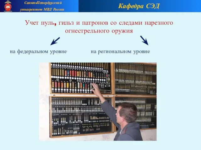 Кафедра СЭД Санкт-Петербургский университет МВД России Учет пуль, гильз и патронов со