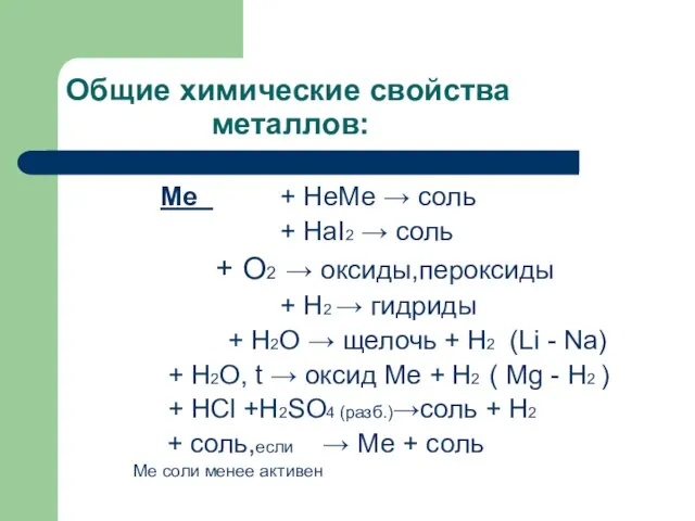 Общие химические свойства металлов: Ме + НеМе → соль + НаI2 →