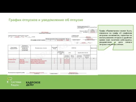 График отпусков и уведомление об отпуске Графа «Примечание» может быть изменена на