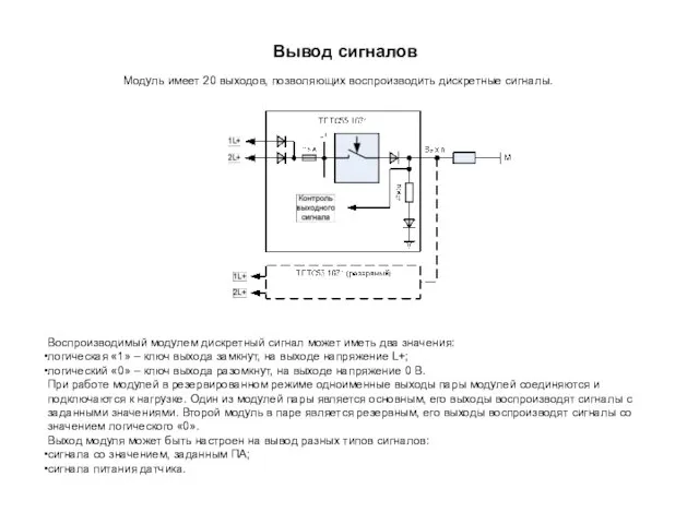 Вывод сигналов Модуль имеет 20 выходов, позволяющих воспроизводить дискретные сигналы. Воспроизводимый модулем
