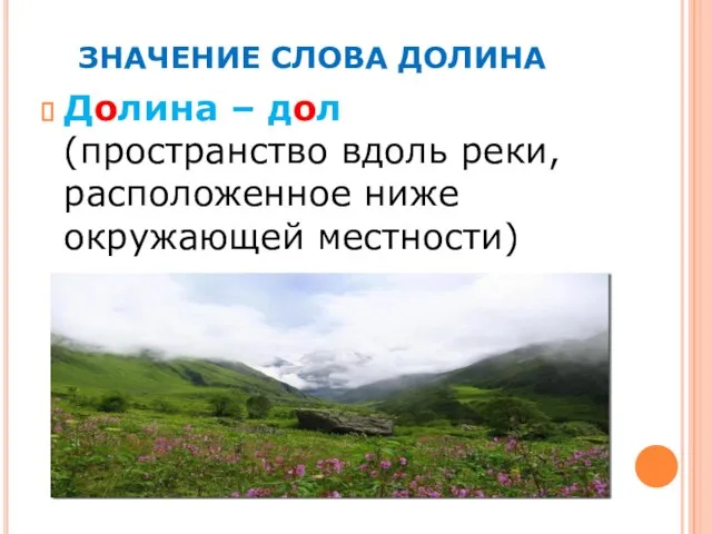 ЗНАЧЕНИЕ СЛОВА ДОЛИНА Долина – дол (пространство вдоль реки, расположенное ниже окружающей местности)