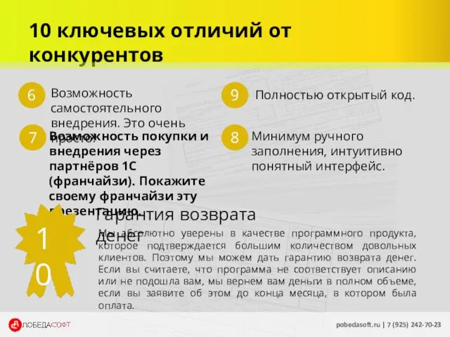 10 ключевых отличий от конкурентов pobedasoft.ru | 7 (925) 242-70-23 Возможность самостоятельного