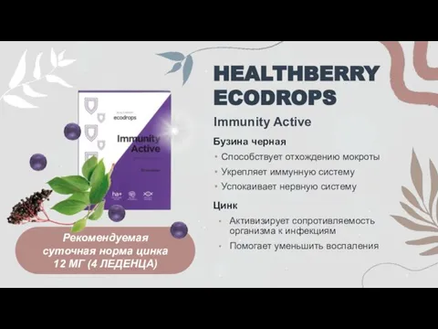 Рекомендуемая суточная норма цинка 12 МГ (4 ЛЕДЕНЦА) HEALTHBERRY ECODROPS Цинк Активизирует