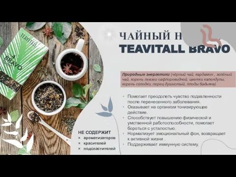 ЧАЙНЫЙ НАПИТОК TEAVITALL BRAVO Природные энергетики (чёрный чай, кардамон , зелёный чай,