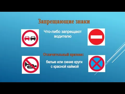 Запрещающие знаки Что-либо запрещают водителю Отличительный признак: белые или синие круги с красной каймой
