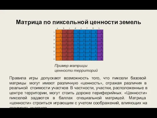 Матрица по пиксельной ценности земель Правила игры допускают возможность того, что пиксели