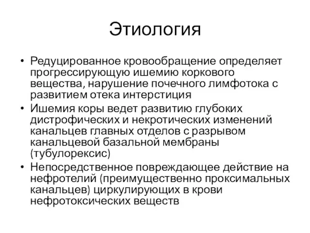 Этиология Редуцированное кровообращение определяет прогрессирующую ишемию коркового вещества, нарушение почечного лимфотока с