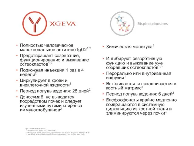 Полностью человеческое моноклональное антитело IgG21,2 Предотвращает созревание,функционирование и выживание остеокластов1,2 Подкожная инъекция