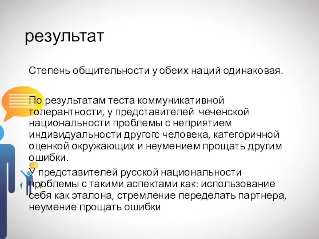 результат Степень общительности у обеих наций одинаковая. По результатам теста коммуникативной толерантности,