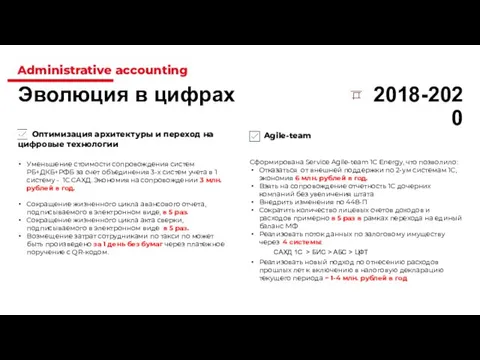 Administrative accounting 2018-2020 Оптимизация архитектуры и переход на цифровые технологии Уменьшение стоимости