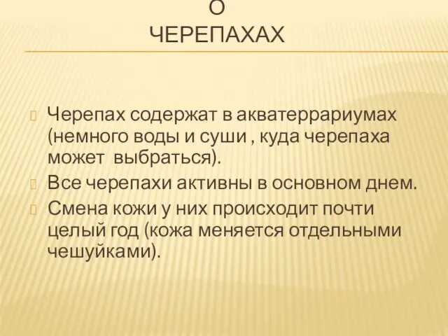 О ЧЕРЕПАХАХ Черепах содержат в акватеррариумах (немного воды и суши , куда