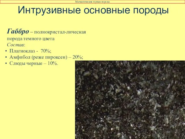 Интрузивные основные породы Габбро – полнокристал-лическая порода темного цвета Состав: Плагиоклаз -