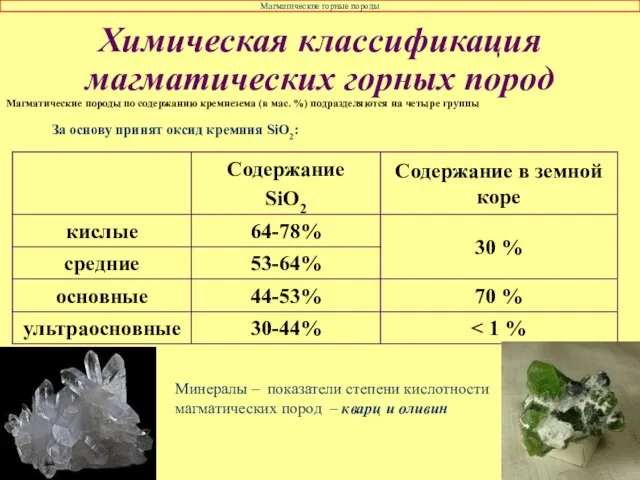 Химическая классификация магматических горных пород За основу принят оксид кремния SiO2: Магматические