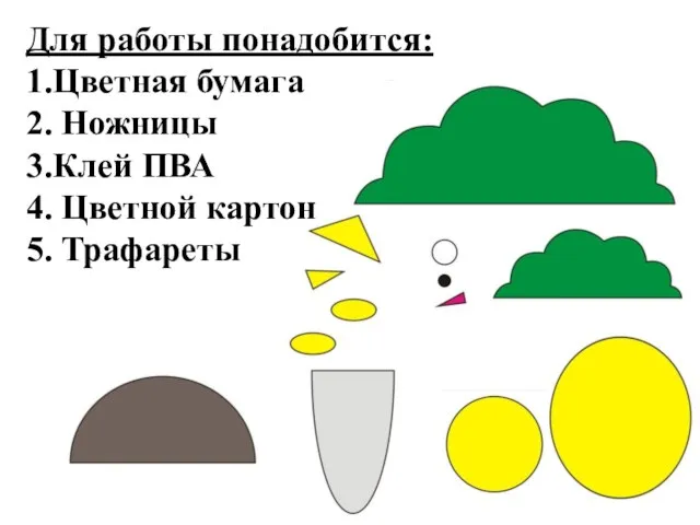 Для работы понадобится: 1.Цветная бумага 2. Ножницы 3.Клей ПВА 4. Цветной картон 5. Трафареты