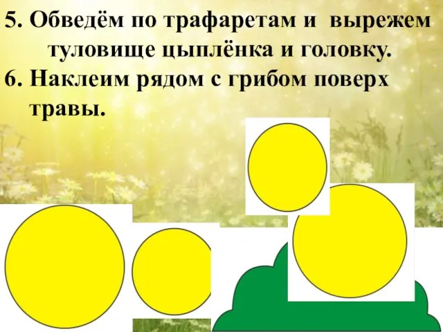 5. Обведём по трафаретам и вырежем туловище цыплёнка и головку. 6. Наклеим