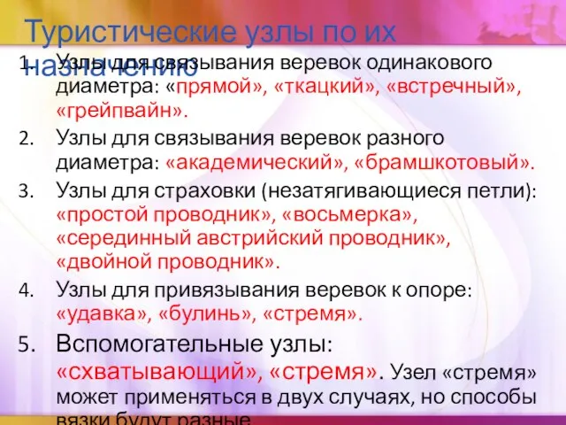 Туристические узлы по их назначению Узлы для связывания веревок одинакового диаметра: «прямой»,