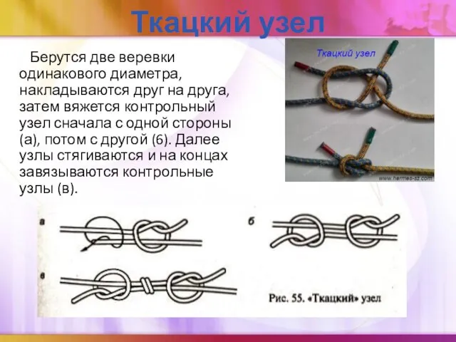 Ткацкий узел Берутся две веревки одинакового диаметра, накладываются друг на друга, затем