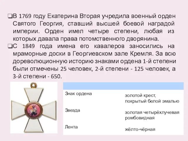 В 1769 году Екатерина Вторая учредила военный орден Святого Георгия, ставший высшей