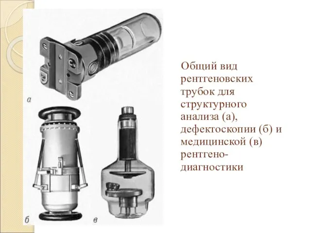 Общий вид рентгеновских трубок для структурного анализа (а), дефектоскопии (б) и медицинской (в) рентгено-диагностики