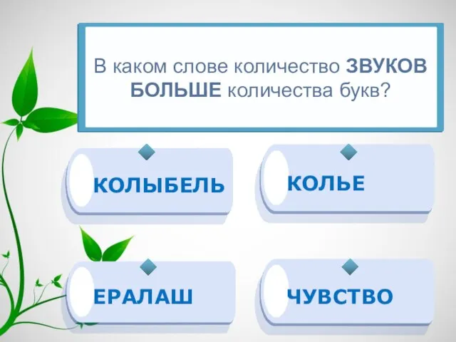 ЕРАЛАШ КОЛЬЕ ЧУВСТВО КОЛЫБЕЛЬ В каком слове количество ЗВУКОВ БОЛЬШЕ количества букв?