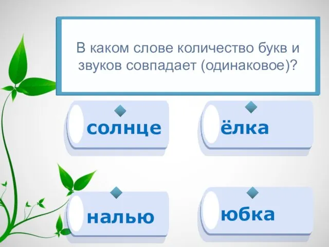 налью ёлка юбка солнце В каком слове количество букв и звуков совпадает (одинаковое)?