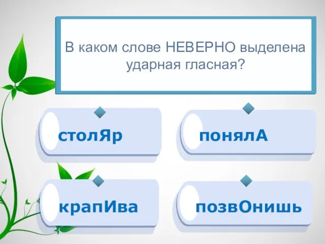 позвОнишь понялА столЯр крапИва В каком слове НЕВЕРНО выделена ударная гласная?