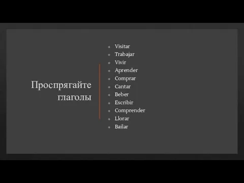 Проспрягайте глаголы Visitar Trabajar Vivir Aprender Comprar Cantar Beber Escribir Comprender Llorar Bailar