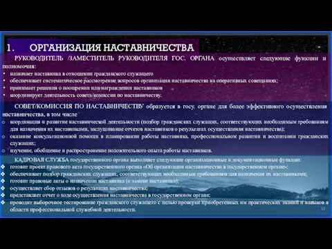 ОРГАНИЗАЦИЯ НАСТАВНИЧЕСТВА РУКОВОДИТЕЛЬ /ЗАМЕСТИТЕЛЬ РУКОВОДИТЕЛЯ ГОС. ОРГАНА осуществляет следующие функции и полномочия: