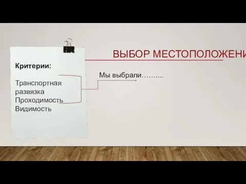 ВЫБОР МЕСТОПОЛОЖЕНИЯ Критерии: Транспортная развязка Проходимость Видимость Мы выбрали……....