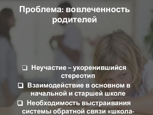 Проблема: вовлеченность родителей Неучастие – укоренившийся стереотип Взаимодействие в основном в начальной