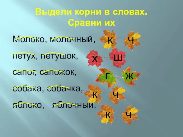 Молоко, молочный, петух, петушок, сапог, сапожок, собака, собачка, яблоко, яблочный. Выдели корни