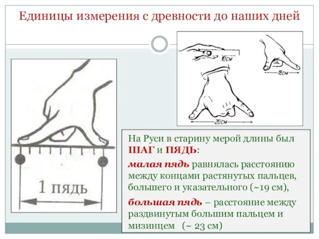 На Руси в старину мерой длины был ШАГ и ПЯДЬ: малая пядь