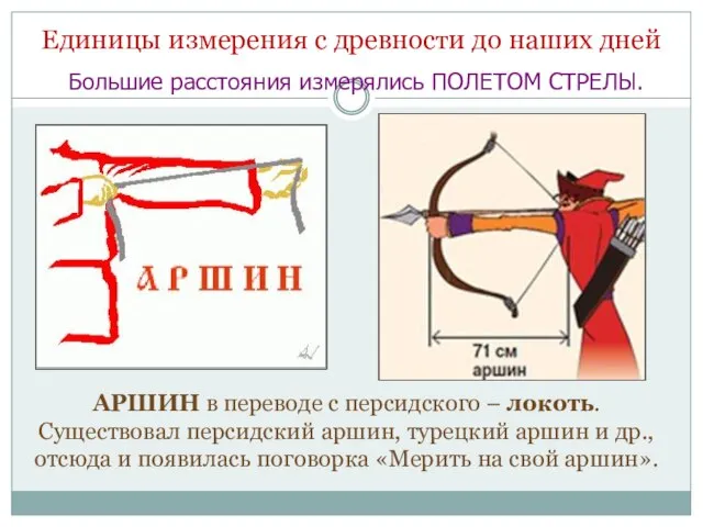 АРШИН в переводе с персидского – локоть. Существовал персидский аршин, турецкий аршин