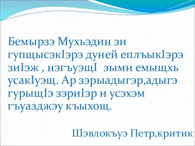 Бемырзэ Мухьэдин зи гупщысэкIэрэ дуней еплъыкIэрэ зиIэж , нэгъуэщI зыми емыщхь усакIуэщ.