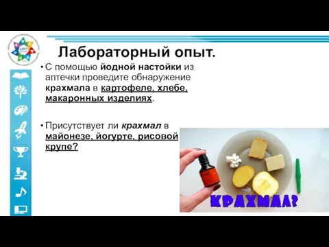 Лабораторный опыт. С помощью йодной настойки из аптечки проведите обнаружение крахмала в