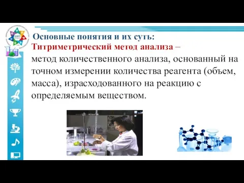 Основные понятия и их суть: Титриметрический метод анализа – метод количественного анализа,