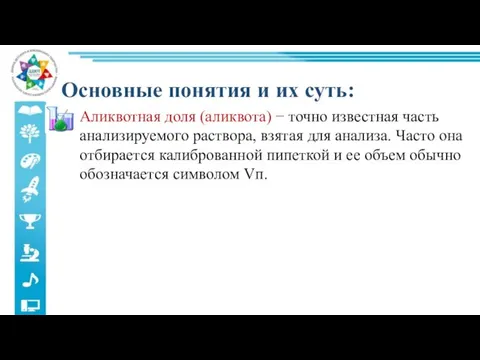 Основные понятия и их суть: Аликвотная доля (аликвота) − точно известная часть