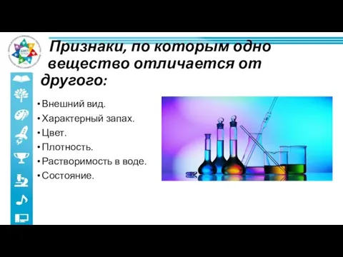 Признаки, по которым одно вещество отличается от другого: Внешний вид. Характерный запах.