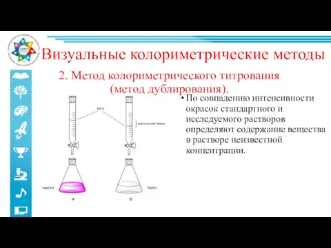 2. Метод колориметрического титрования (метод дублирования). По совпадению интенсивности окрасок стандартного и