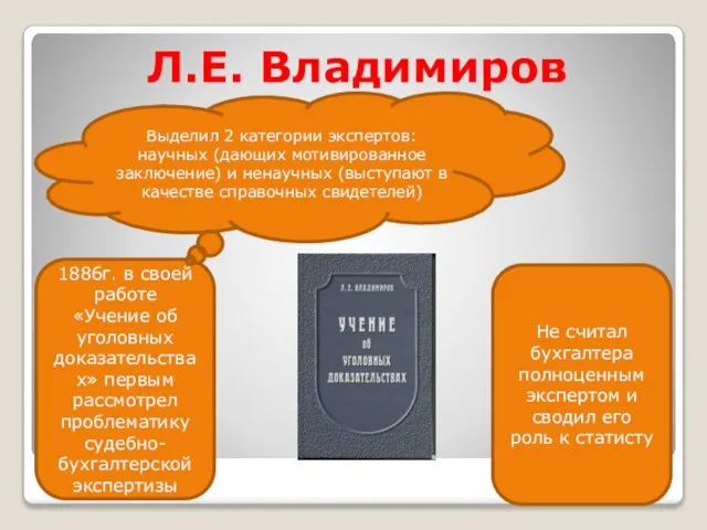 Л.Е. Владимиров 1886г. в своей работе «Учение об уголовных доказательствах» первым рассмотрел