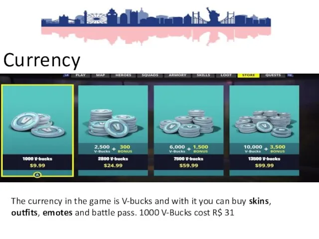 Currency The currency in the game is V-bucks and with it you
