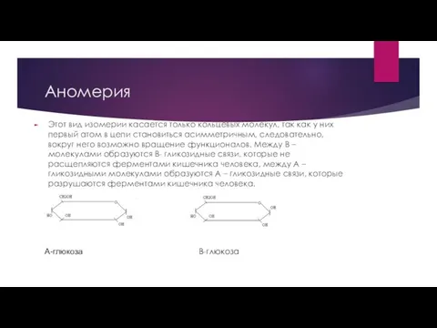 Аномерия Этот вид изомерии касается только кольцевых молекул, так как у них