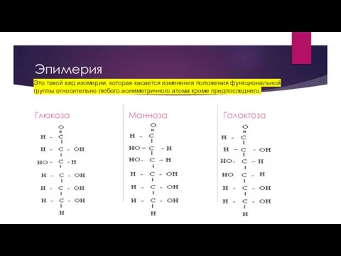 Эпимерия Глюкоза Манноза Галактоза Это такой вид изомерии, которая касается изменения положения
