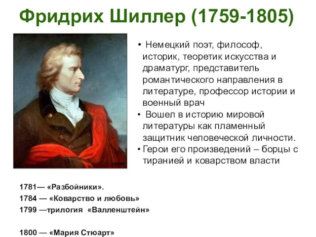 Фридрих Шиллер (1759-1805) Немецкий поэт, философ, историк, теоретик искусства и драматург, представитель