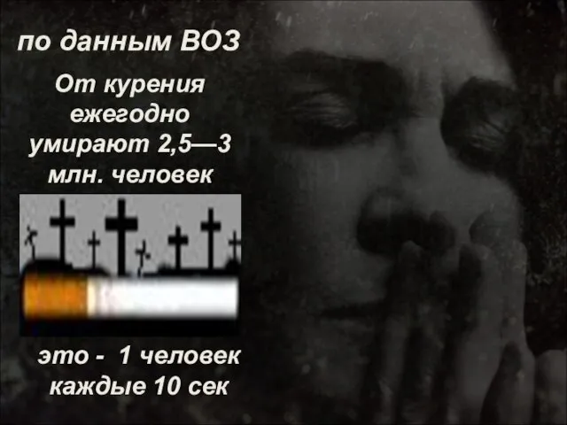 по данным ВОЗ От курения ежегодно умирают 2,5—3 млн. человек это -